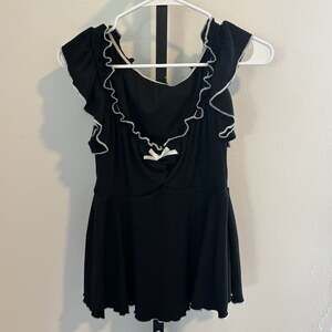 SHEIN CURVE Plus Size 0XL Black Rib Knit Ruffle Trim Peplum Top Bow Detail